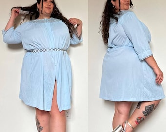 70s Blue Nylon Shortsleeve Midi Nightgown, Lace Nightgown. 2X 3X