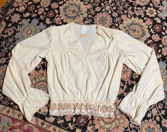 1970s Romantic Cream Polyester Bishop Sleeve Blouse. Styled in California Deadstock with Tags. Tag size small.  Cottagecore, whimsigoth