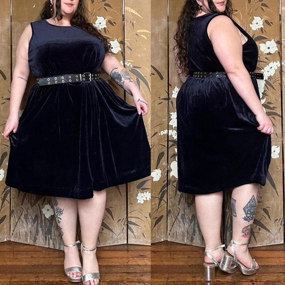 navy blue dress for baby girl Vintage Velvet Babydoll Midi Dress: 90s Sleeveless Navy Plus Size