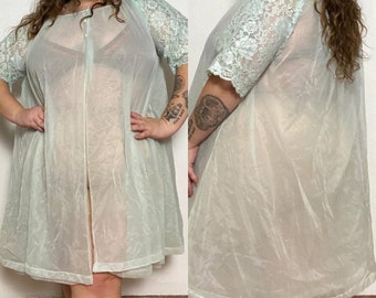 1960s Aqua Nylon and Lace Babydoll Mini Nightgown. L-1X. Plus size vintage piegnoir nightgown.