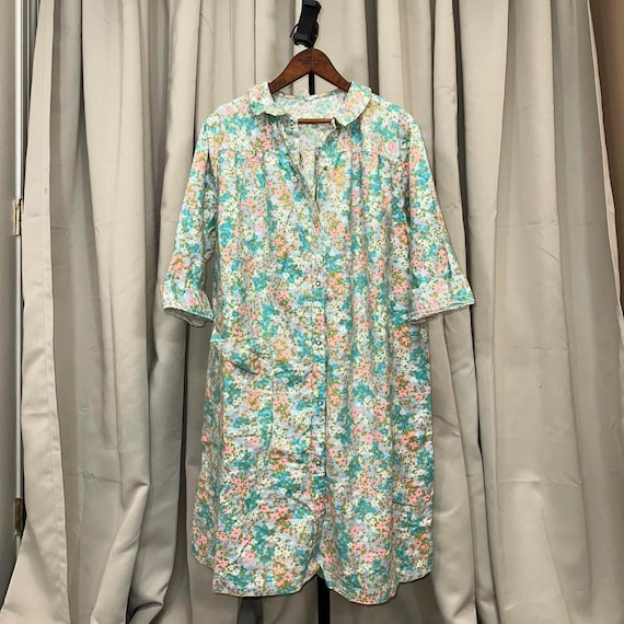 Vintage 60s Floral Cotton House Dress: Blue Green Pink, 2X/3X