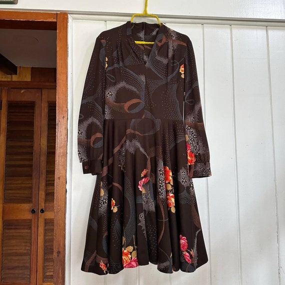 1970s Brown Floral Polyester. Fit and Flare Dress… - image 8