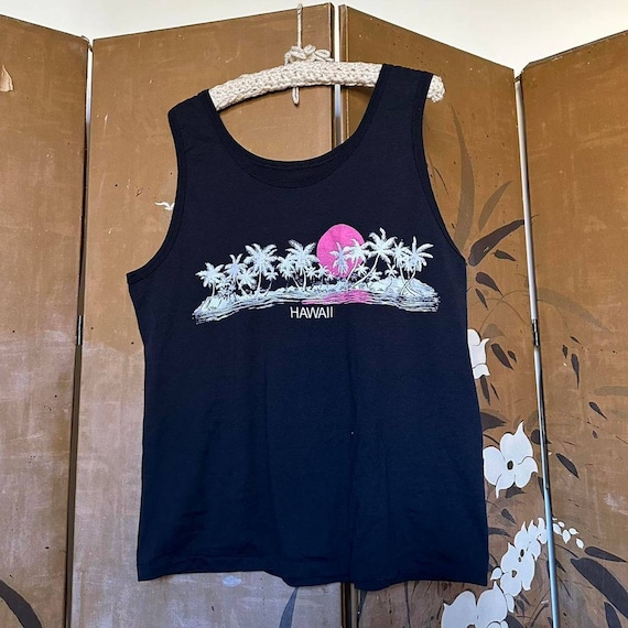 1980s Hawaii Tank.  Black with Pink and White det… - image 2