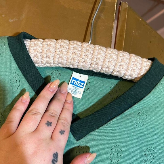 1970s Nitz Green Knit Top: Vintage Longsleeve With Ringer Neckline