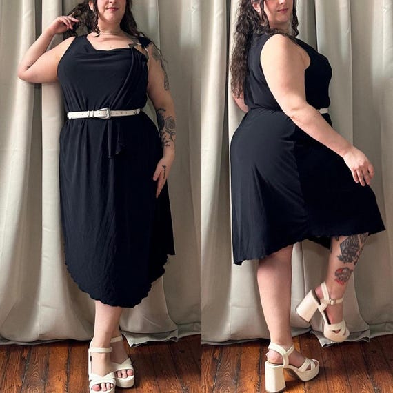 90s Black Slinky Midi Dress: Plus Size Vintage with Silver Detail 90s Black Slinky Midi Dress: Plus Size Vintage with Silver Detail