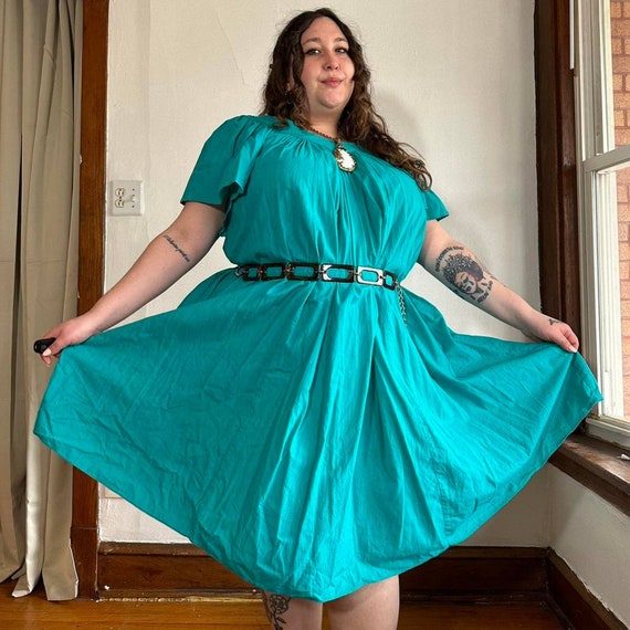 1970s Teal Maxi Dress: Two Potato Laguna Beach, Criss Cross Back (1x-3x)