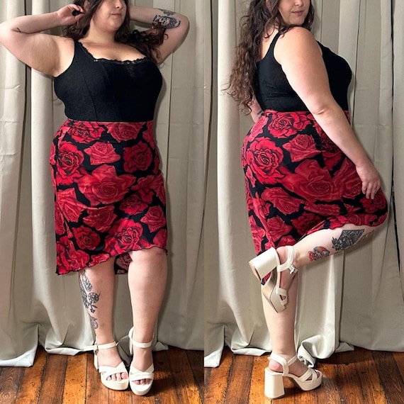 1990s Fashion Bug Red Rose on Black Slinky Stretchy Midi Skirt. High Low Elastic Waist. Polyester Spandex. Tag Size 1X. Plus Size Vintage Etsy