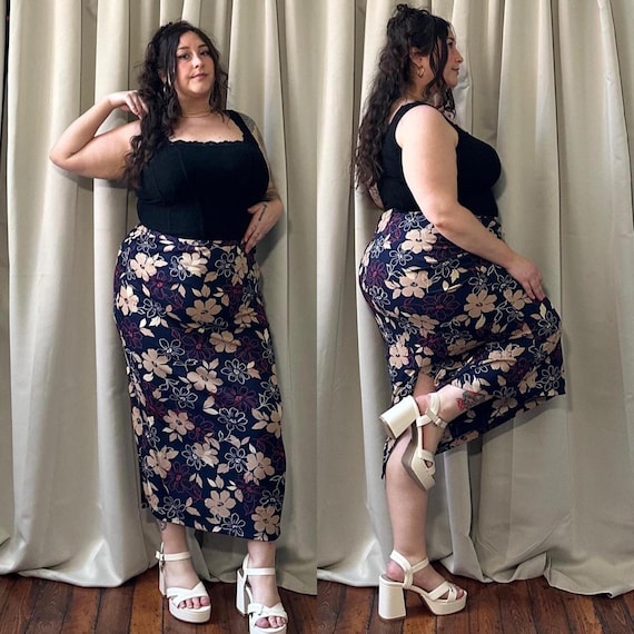 alfred dunner evening dresses Vintage Alfred Dunner Floral Midi Skirt: Navy Tan Elastic Waist