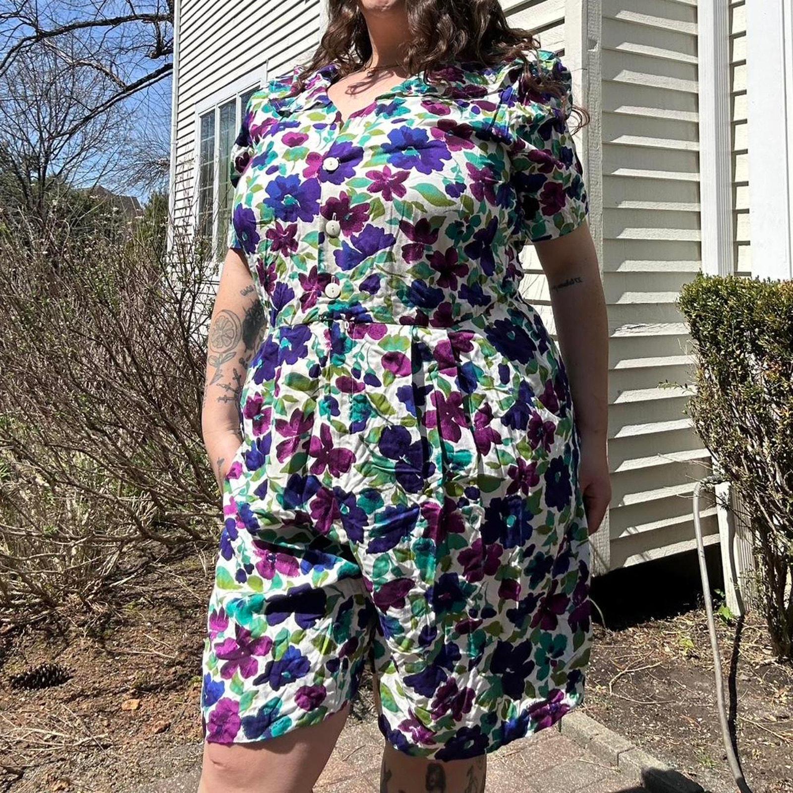 80s 90s Floral Shorts Romper: Purple Teal Rayon Jamie Brooke (Size 18-20)