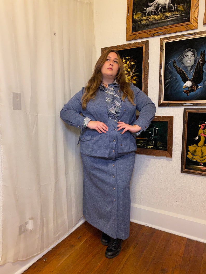 Button Up Psychedelic pattern Size 1X 2X Faux Denim with Sparkly Thread Detail 1960s 60s 3 Piece Set Grace Taylor Sparkly Suit Set