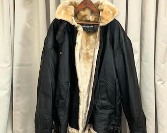 Vintage 2000s Black Leather Jacket, Faux Fur Lined Hood, Plus Size 3XL