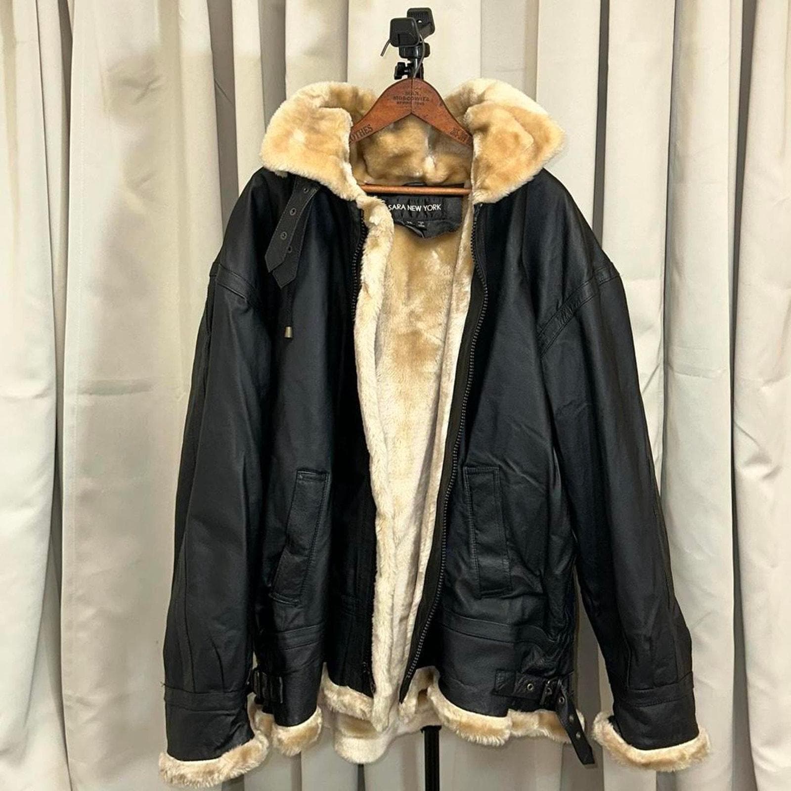 Vintage 2000s Black Leather Jacket, Faux Fur Lined Hood, Plus Size