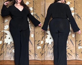 Plus Size Shape FX von Newport News Schwarzer Langarm-Catsuit, Jumpsuit, schwarze Perlendetails. Etikettengröße 16. Polyester, Spandex.