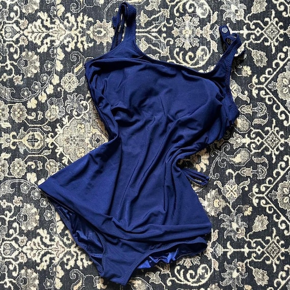 1990s T.H.E. Swimwear Navy One Piece Swim Suit. Nylon… Gem