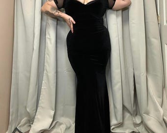 1990s Vintage Black Velvet Maxi Dress, Rhinestone Detail, Size 10