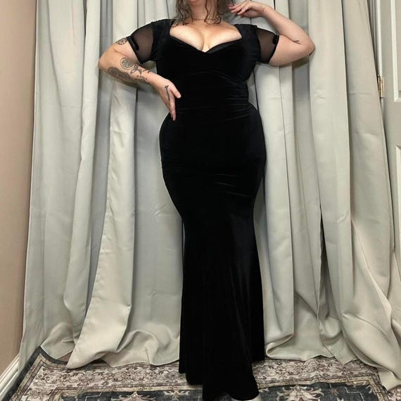 black vintage maxi dress 1990s Velvet Dress, Rhinestone Detail, Size 10 long sleeve black dress
