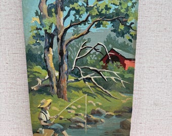 Vintage verf op nummer jaren 70 - 80 | Intage verf op nummer | Jongen vissen bij Creek | Overdekte brug | Amerikaans landschap | 10 x 18 |