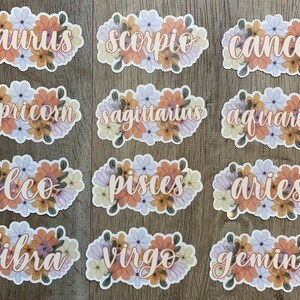 May include: Twelve floral stickers featuring the zodiac signs: Taurus, Scorpio, Cancer, Capricorn, Sagittarius, Aquarius, Leo, Pisces, Aries, Libra, Virgo, and Gemini.