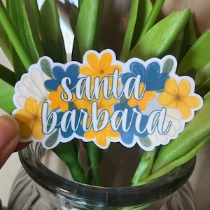 May include: A white sticker with a floral design in shades of blue and yellow. The sticker says "Santa Barbara" in a stylized font.