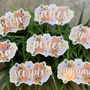 May include: A set of 12 floral zodiac stickers featuring the astrological signs: Aries, Taurus, Gemini, Cancer, Leo, Virgo, Libra, Scorpio, Sagittarius, Capricorn, Aquarius, and Pisces. Each sticker features a different floral design with a white background.