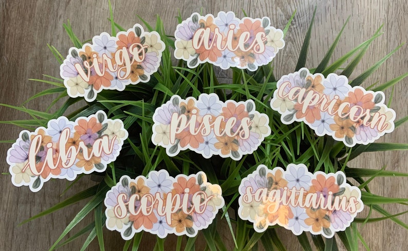 May include: A set of 12 floral zodiac stickers featuring the astrological signs: Aries, Taurus, Gemini, Cancer, Leo, Virgo, Libra, Scorpio, Sagittarius, Capricorn, Aquarius, and Pisces. Each sticker features a different floral design with a white background.
