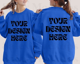 Front and Back Gildan 18000 Royal Blue Mockup, Gildan Crewneck Royal Blue Mockup, Gildan Sweatshirt Mockup, Oversized Mockup, Boho Mockup