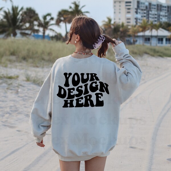 Back of Sand Gildan Mockup, Gildan 18000 Sweatshirt Mockup, Sand Oversized Mockup, Back of Sweater Mockup, Beach Gildan Mockup, Summer Mock