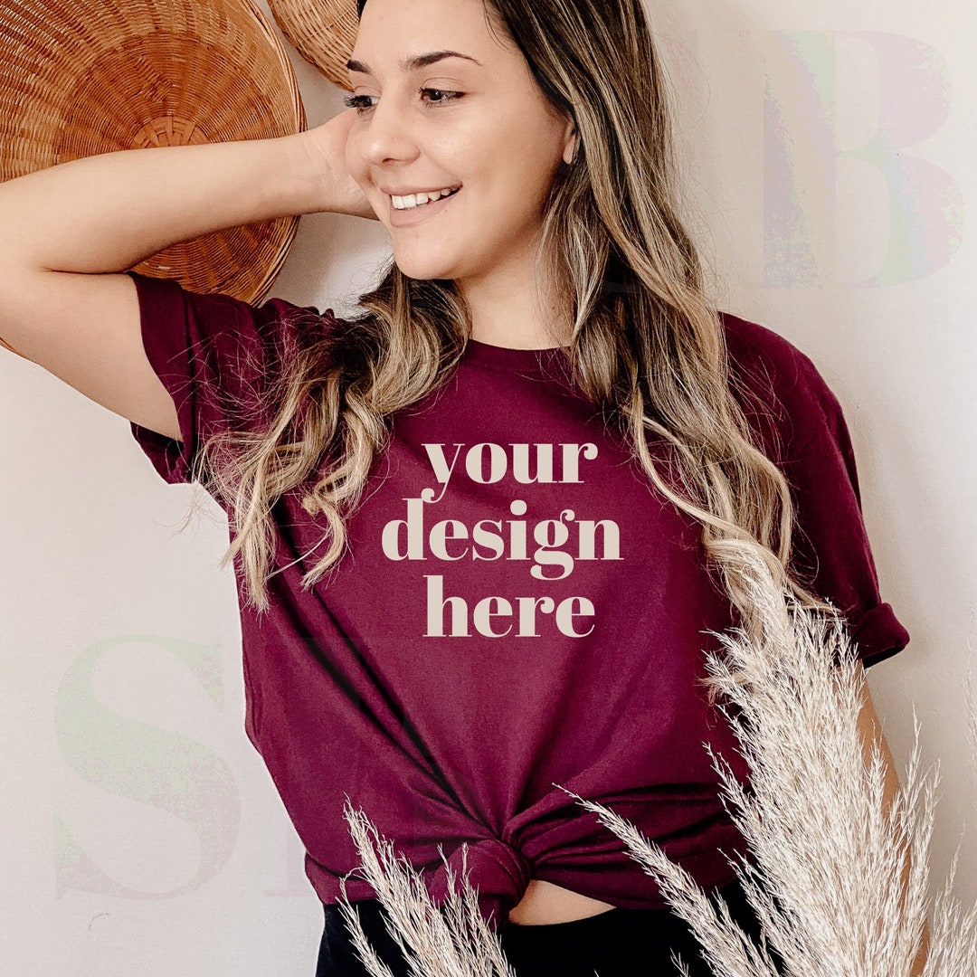 Bella Canvas Mockup, Bella Canvas 3001 Maroon, Maroon T-shirt Model ...