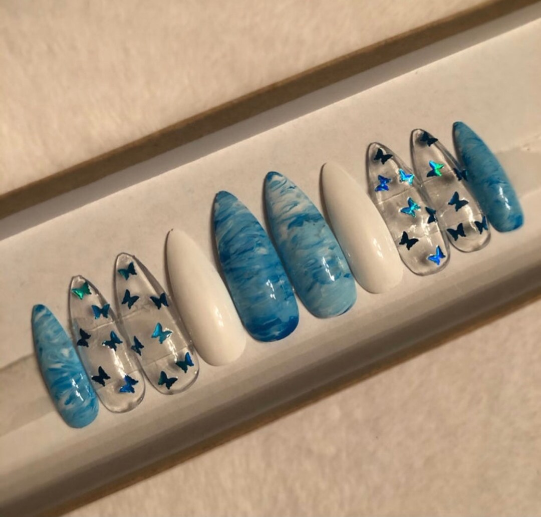 Butterfly Nails Blue Butterfly Nails White Butterfly Nails Etsy