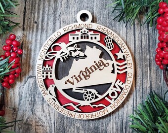 Virginia State Ornament, Wooden State Ornaments, State of Virginia Decor, State of Virginia Wooden Christmas Ornament,Holiday Ornaments,