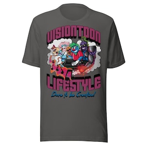 May include: Dark gray t-shirt featuring a colorful graphic with the text "VISIONTOON LIFESTYLE" and "Dare to be Creative!". The graphic includes cartoon characters and musical notes, creating a vibrant and playful design.