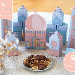 Kalendarz odliczania do Ramadanu „Meczet” do wydrukowania, wycięcia i wypełnienia, 30 pudełek z instrukcją do pobrania w formacie cyfrowym A4 i US Letter