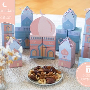 Ramadan Countdown Calendar "Mosque" to print, cut out & fill, 30 boxes incl. instructions as digital download in A4 and US Letter