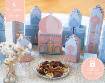 Ramadan Countdown Calendar "Mosque" to print, cut out & fill, 30 boxes incl. instructions as digital download in A4 and US Letter