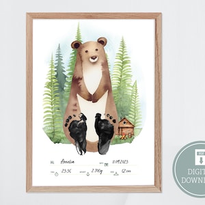 Baby Fußabdruck Wandbild, ideales Geschenk zur Geburt, Dekoration im Kinderzimmer, Motiv Bär im Wald
