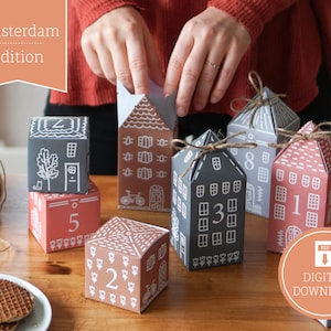 Kalendarz adwentowy „Amsterdam” do wydrukowania, wycięcia i wypełnienia, 25 pudełek z instrukcją do pobrania w formacie cyfrowym w formacie A4 i US Letter