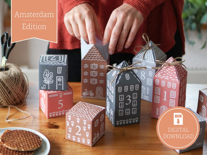 Advent Calendar 'Amsterdam' to print, cut out & fill, 25 boxes incl. instructions as digital download in A4 and US Letter 