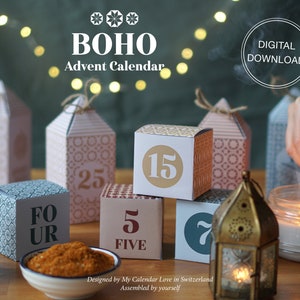 印刷可能なアドベント カレンダー、BOHO、クリスマスまでのカウントダウン、DIY、即時ダウンロード、クリエイティブ アクティビティ、バウチャー テンプレートと説明書付き