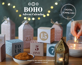 Calendrier de l'Avent imprimable, BOHO, Compte à rebours pour Noël, DIY, Téléchargement instantané, Activité créative, incl. Modèle de bon et instructions