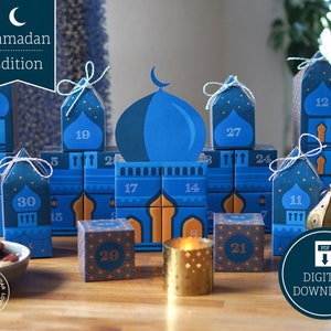 Ramadan Countdown Calendar Mosque to print, cut out & fill, 30 boxes incl. instructions as digital download in A4 and US Letter zdjęcie 1