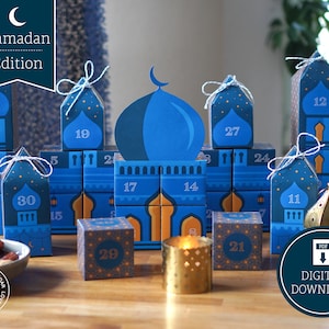 Ramadan Countdown Calendar Mosque to print, cut out & fill, 30 boxes incl. instructions as digital download in A4 and US Letter zdjęcie 1