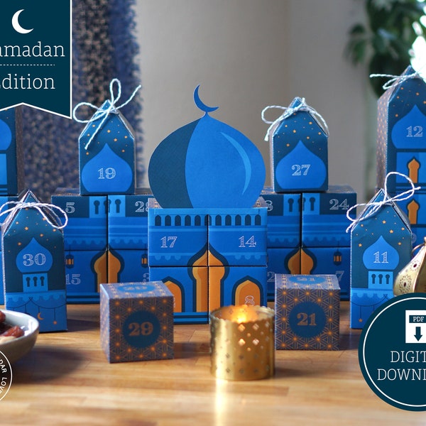 Ramadan Countdown Calendar "Mosque" to print, cut out & fill, 30 boxes incl. instructions as digital download in A4 and US Letter