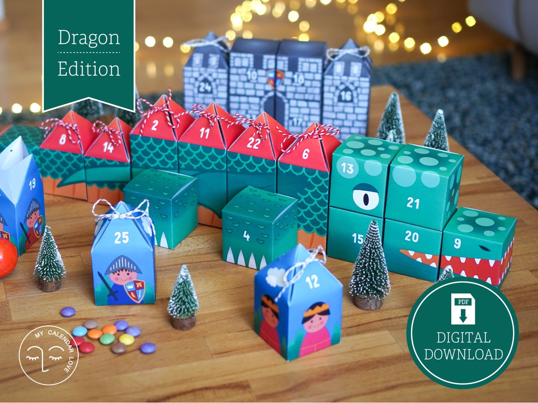 Advent Calendar dragon to Print, Cut Out & Fill, 25 Boxes Incl