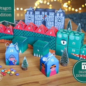 Advent Calendar Dragon to print, cut out & fill, 25 boxes incl. instructions as digital download in A4 and US Letter image 1