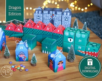 Adventskalender «Dragon» zum Drucken, Ausschneiden & Befüllen, 25 Boxen inkl. Anleitung als digitaler Download in A4 und US Letter