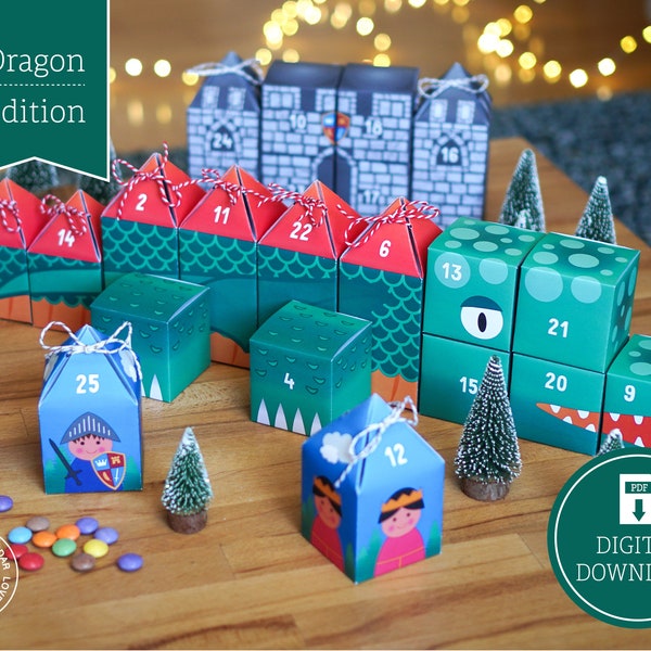 Adventskalender «Dragon» zum Drucken, Ausschneiden & Befüllen, 25 Boxen inkl. Anleitung als digitaler Download in A4 und US Letter