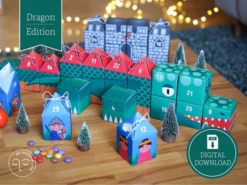 Advent Calendar Dragon to print, cut out & fill, 25 boxes incl. instructions as digital download in A4 and US Letter image 1