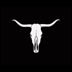 May include: A white bull skull silhouette against a solid black background. The skull has long, curved horns and detailed facial features. This design is suitable for Western-themed decor or apparel.
