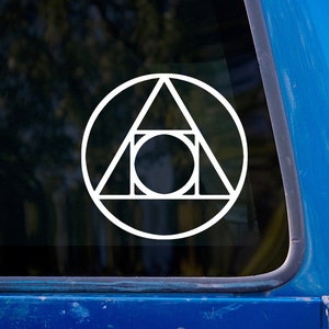May include: White vinyl sticker of a circle, triangle, square, and circle geometric design. The design is a symbol of the four elements: earth, air, fire, and water.