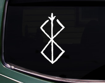 May include: White vinyl decal of a stylized symbol, comprising a vertical line with an arrow-like top, intersecting two diamond shapes. The design is applied to a dark surface, possibly a car window, creating a contrasting visual.